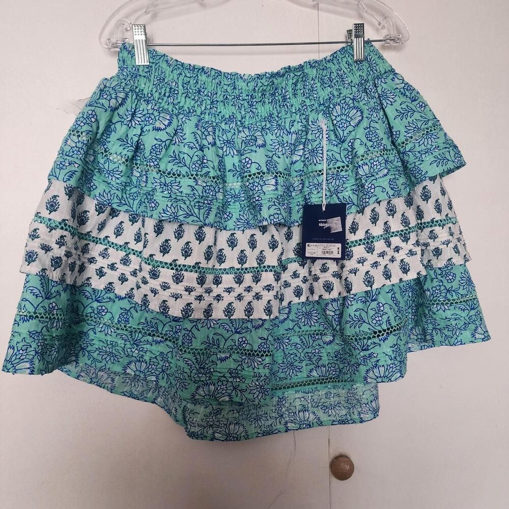Roller rabbit teal ruffle mini skirt floral elastic waist Large NWT coquette